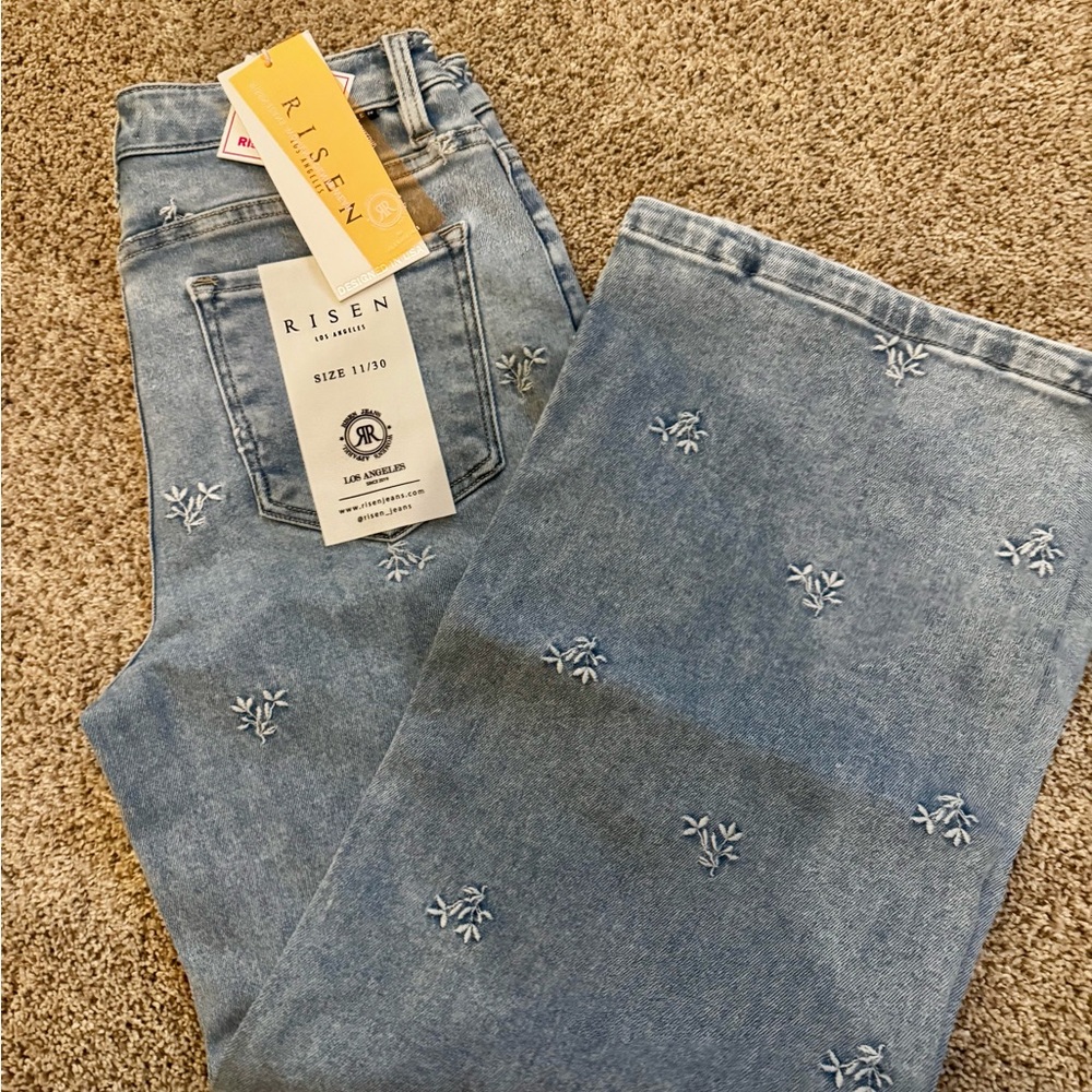 Risen Women's Blue Embroidered Straight Leg Jeans